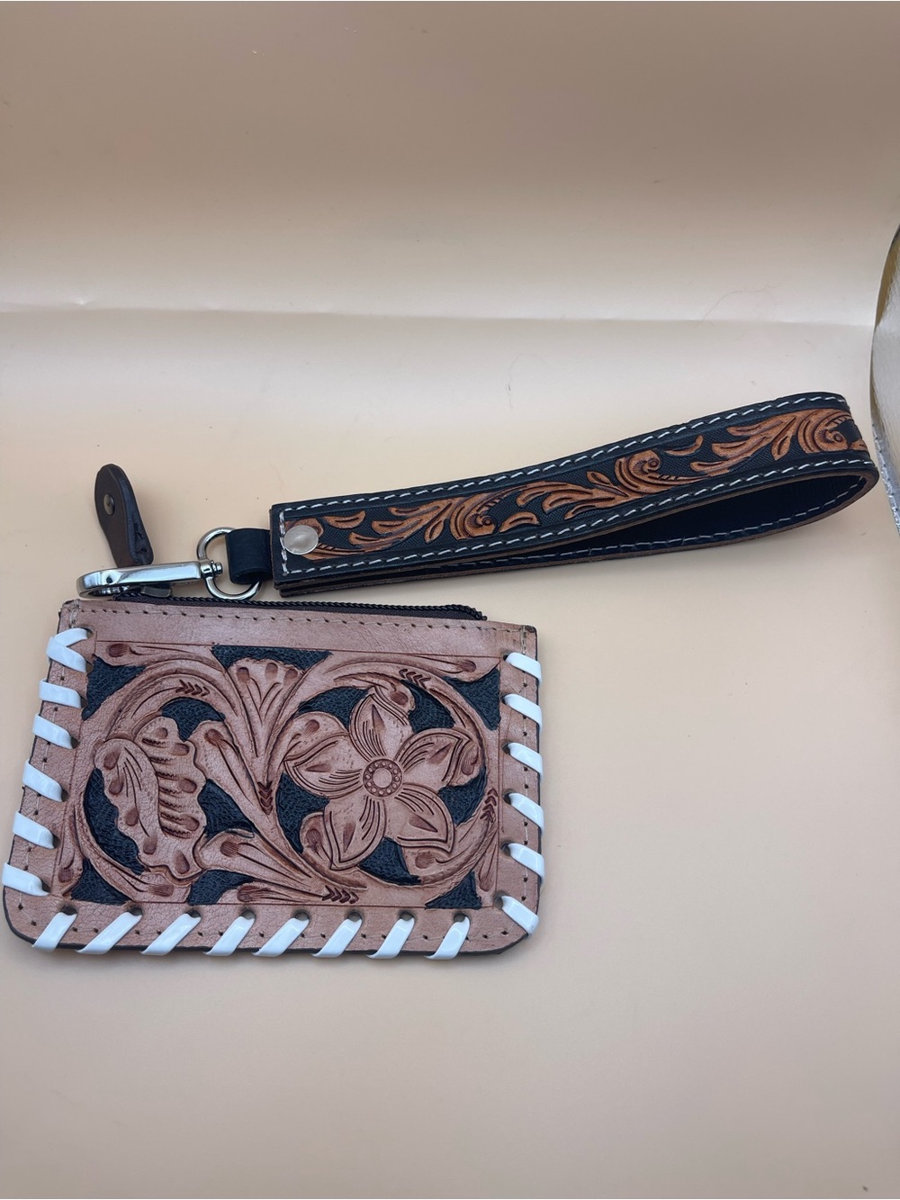 Western Tooled Leather Cowhide Wristlet Coin Purse Black White Floral